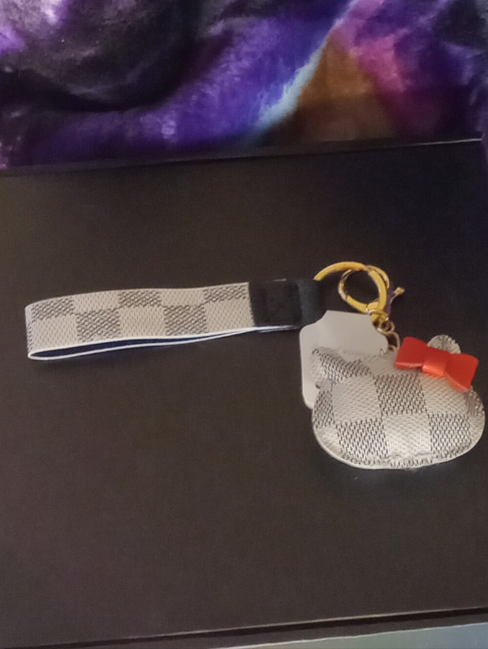 Unbranded Gray & White Check Cat Wristlet Keychain Charm with Red Bow NWT